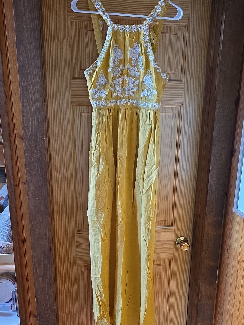 En Creme Yellow Maxi Dress with White Floral Embroidery